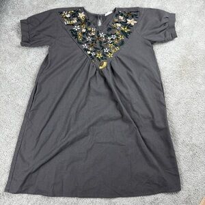 Hidden Alley Womens Peasant Dress Gray Embroidered Floral Boho Whimsigoth Size S